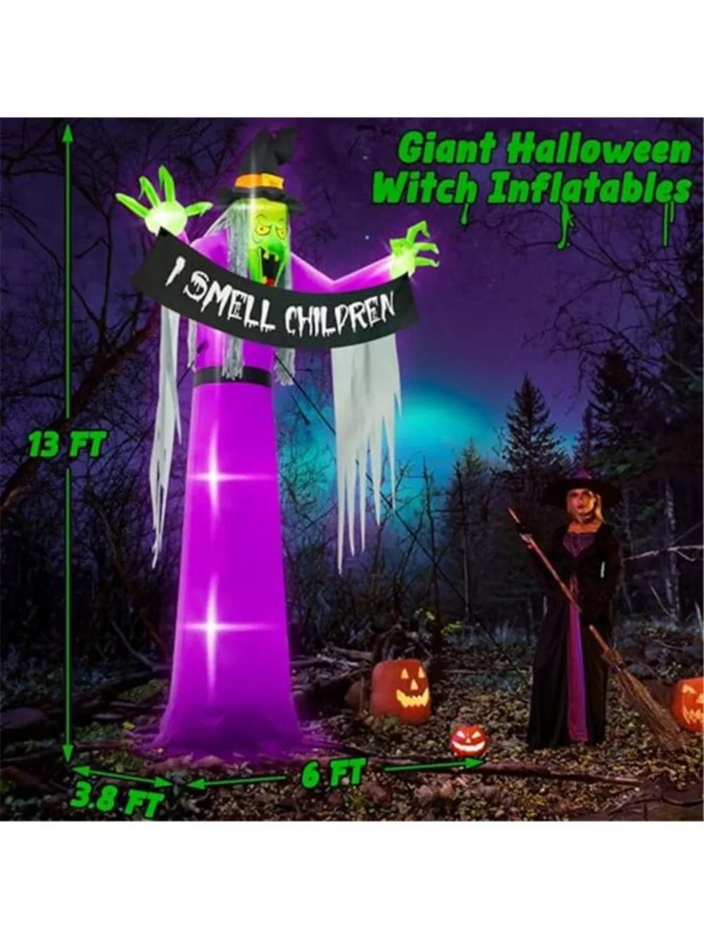 13FT Halloween Outdoor Inflatables, Large Scary Blow Up Witch Yard Decor